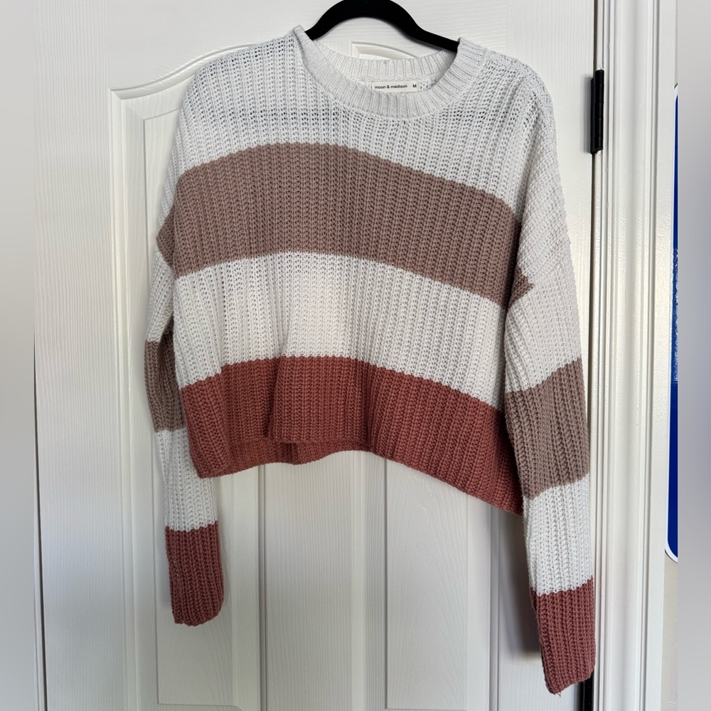 moon & madison Colorblocked Striped Cream/Pink/Rose Tan Knit Sweater